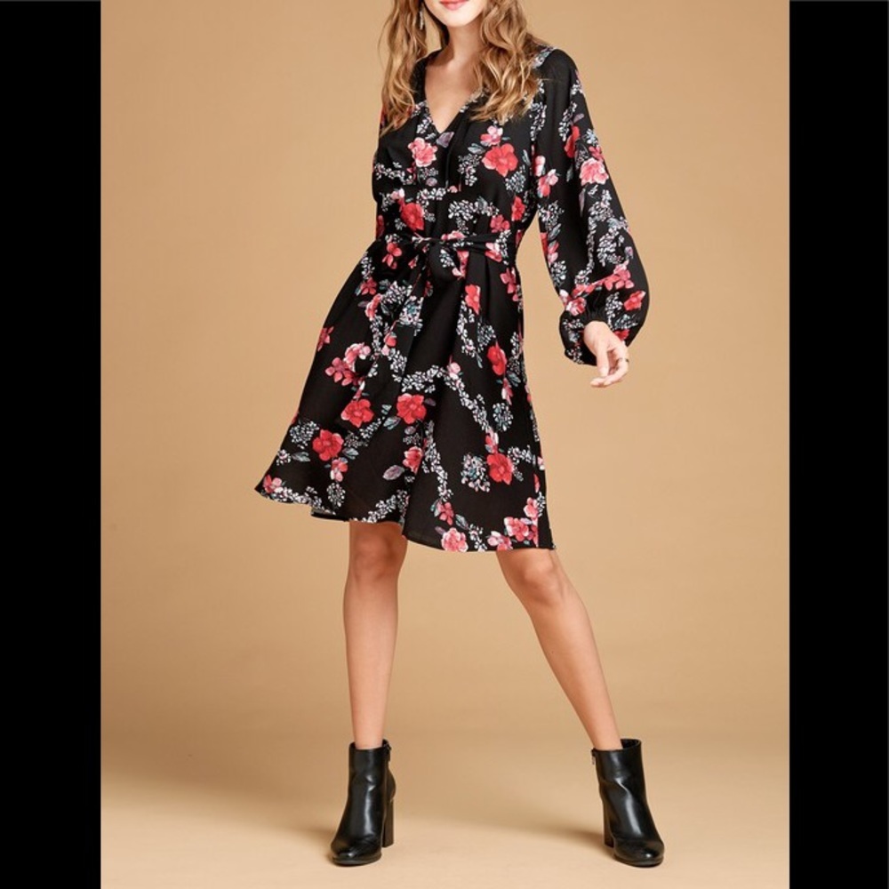 Black Floral print woven loose fit dress